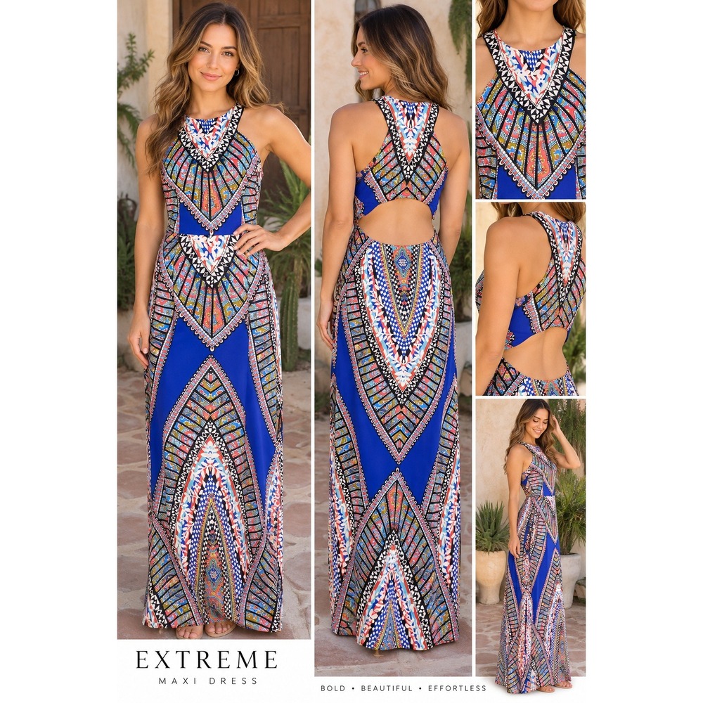 En Creme Geometric Tribal Print Halter Maxi Dress Small Blue Red Multi Open Back